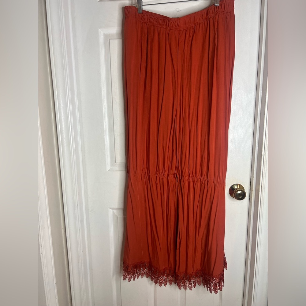 Bohemian Flowy Wide Leg Pants Rust Orange Women’s Size 26-28 Lace Hem pockets - Picture 7 of 12
